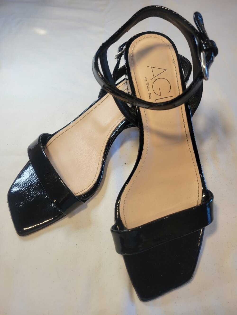 AGL Black Patent Leather Square Toe Block Heel Ankle Strap Sandals EU 38.5 Italy